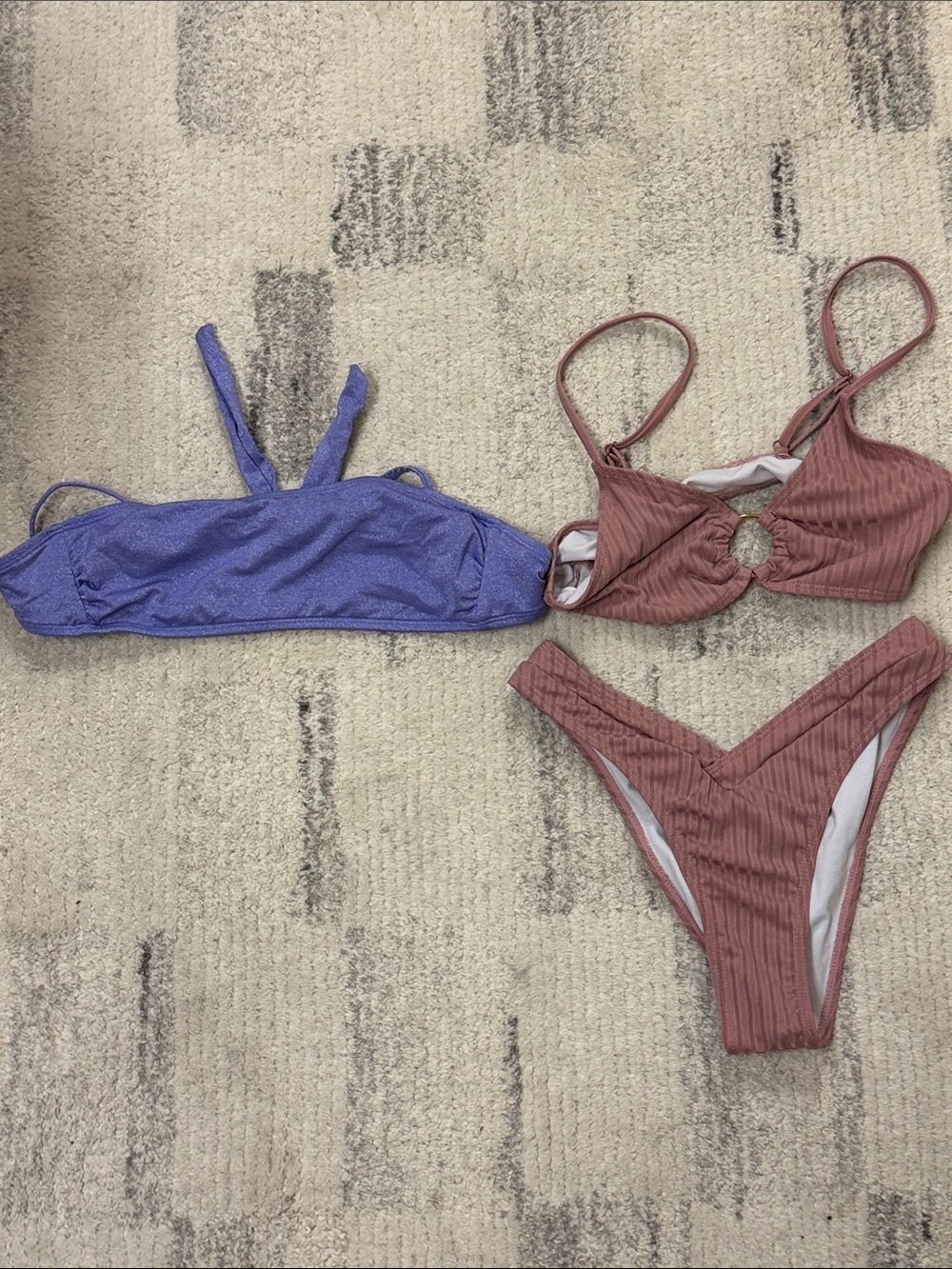 Two-Piece Bikini Set - Purple Top and  Mauve Ribbed Top and Bottom